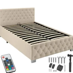 tectake Gestoffeerd bed met LED & opbergruimte, 120 x 200 cm, Fluweellook Zand