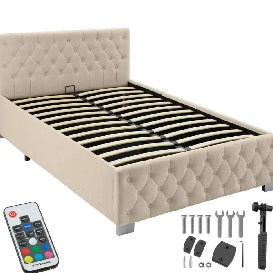 tectake Gestoffeerd bed met LED & opbergruimte, 120 x 200 cm, Fluweellook Zand