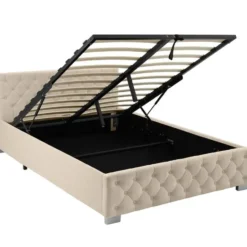 tectake Gestoffeerd bed met LED & opbergruimte, 140 x 200 cm, Fluweellook Zand
