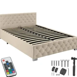 tectake Gestoffeerd bed met LED & opbergruimte, 140 x 200 cm, Fluweellook Zand