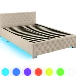tectake Gestoffeerd bed met LED & opbergruimte, 140 x 200 cm, Fluweellook Zand