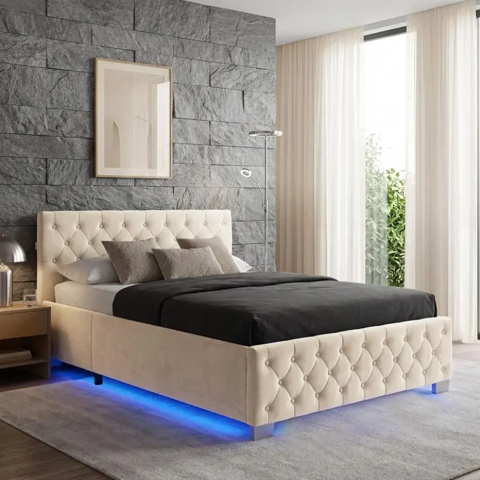 tectake Gestoffeerd bed met LED & opbergruimte, 140 x 200 cm, Fluweellook Zand