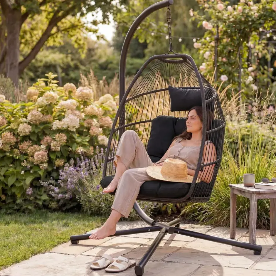 tectake Hangstoel, Comfortabel, Opvouwbaar, Zwart, Met Kussen En Stalen Frame