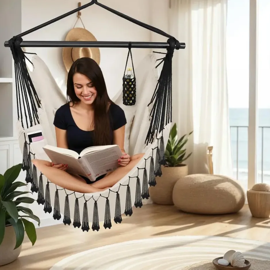 tectake Hangstoel Malika, boho-stijl, draagkracht 150kg, Beige