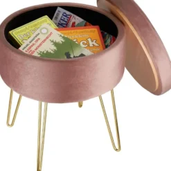 tectake Hocker Ava gestoffeerd in fluweellook 300kg met opbergruimte, Roze