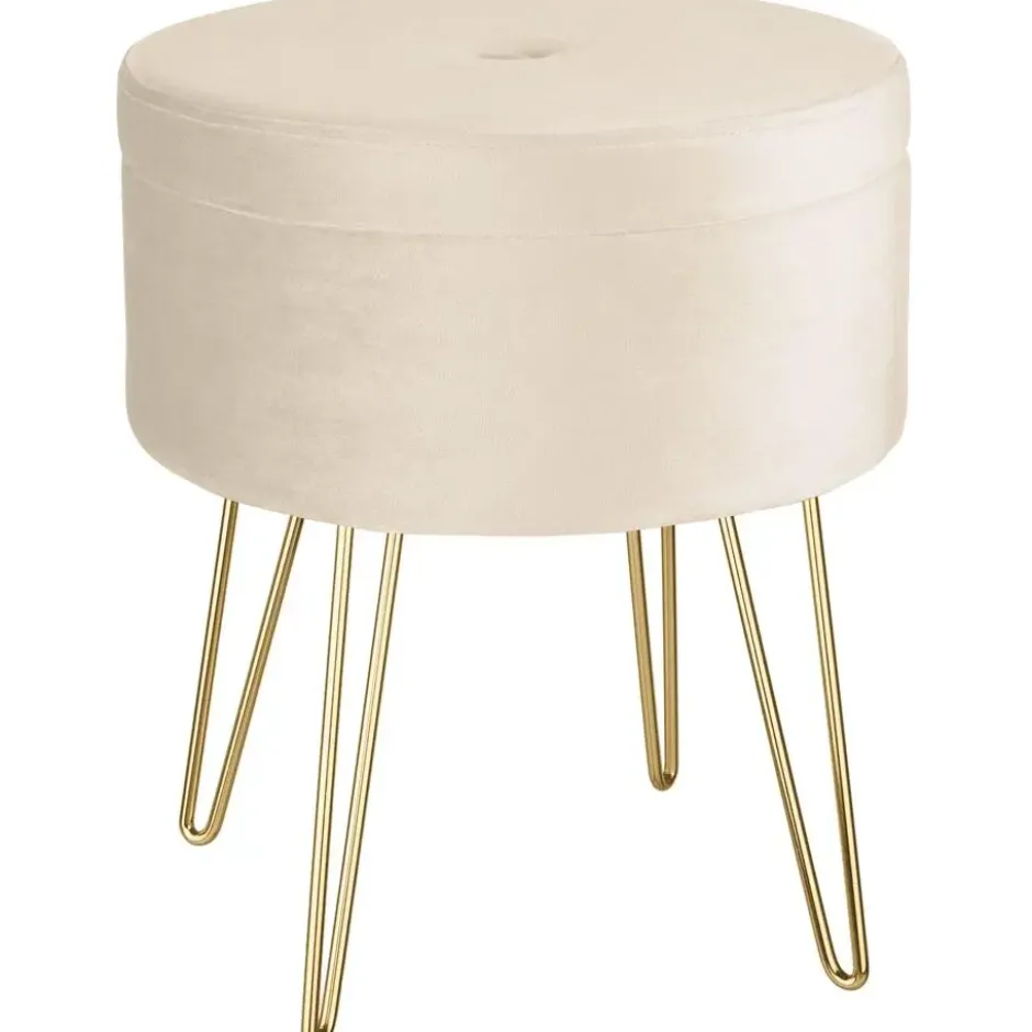 tectake Hocker Ava gestoffeerd in fluweellook 300kg met opbergruimte, Crème