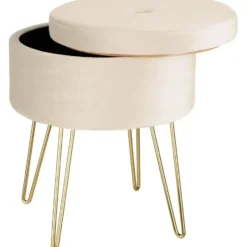 tectake Hocker Ava gestoffeerd in fluweellook 300kg met opbergruimte, Crème