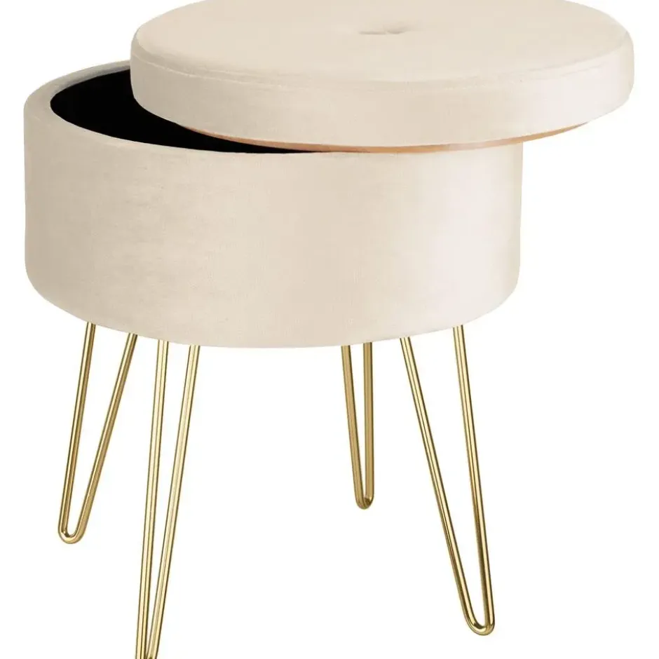 tectake Hocker Ava gestoffeerd in fluweellook 300kg met opbergruimte, Crème