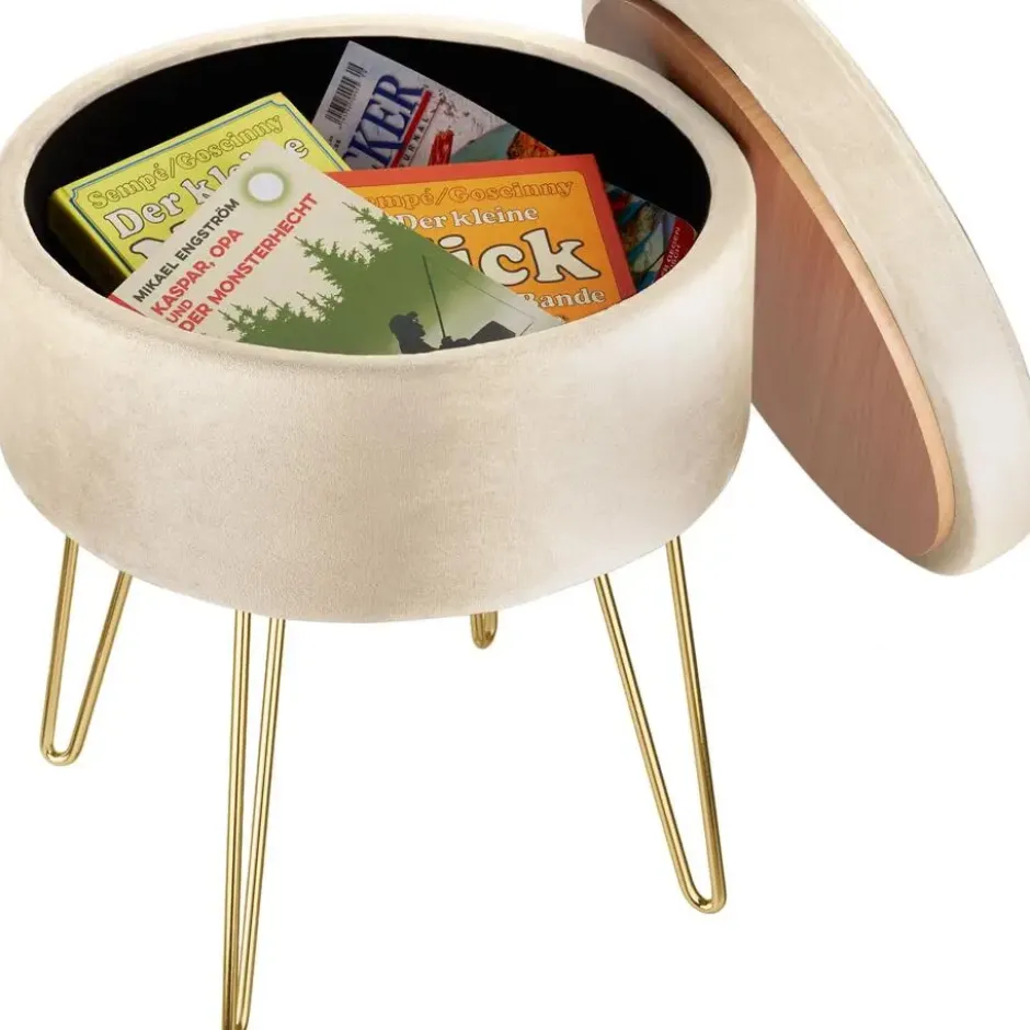 tectake Hocker Ava gestoffeerd in fluweellook 300kg met opbergruimte, Crème
