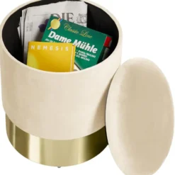 tectake Hocker Sarina gestoffeerd in fluweellook 300kg met opbergruimte, Crème