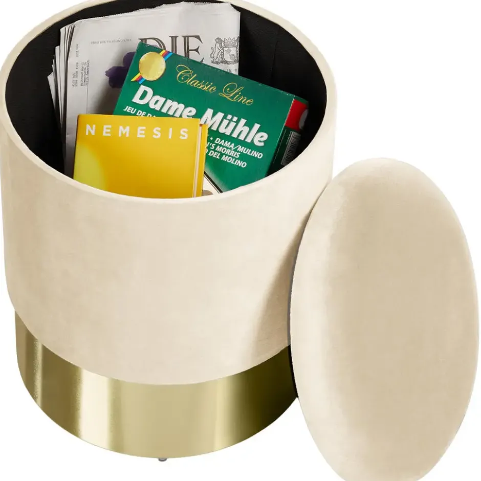 tectake Hocker Sarina gestoffeerd in fluweellook 300kg met opbergruimte, Crème