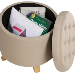 tectake Hocker Suna in linnenlook 150kg met opbergruimte, Zandkleur