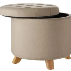 tectake Hocker Suna in linnenlook 150kg met opbergruimte, Zandkleur