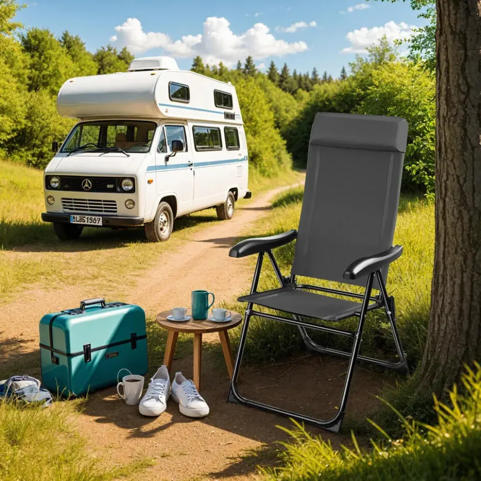 tectake Inklapbare campingstoel Müritz met hoofdkussen, aluminium, Antraciet