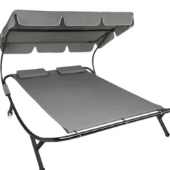tectake Ligbed, Metalen Frame, Verstelbaar Zonnedak, Zwart Grijs