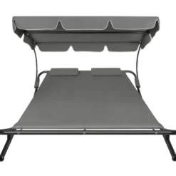 tectake Ligbed, Metalen Frame, Verstelbaar Zonnedak, Zwart Grijs