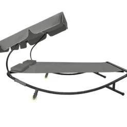 tectake Ligbed, Metalen Frame, Verstelbaar Zonnedak, Zwart Grijs