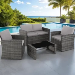 tectake - loungeset Lucca - 1 bank/2 stoelen/1 tafel - grijs