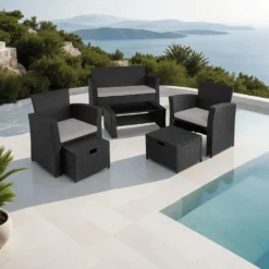 tectake - loungeset Modena - wicker - zwart/grijs - incl. beschermhoes