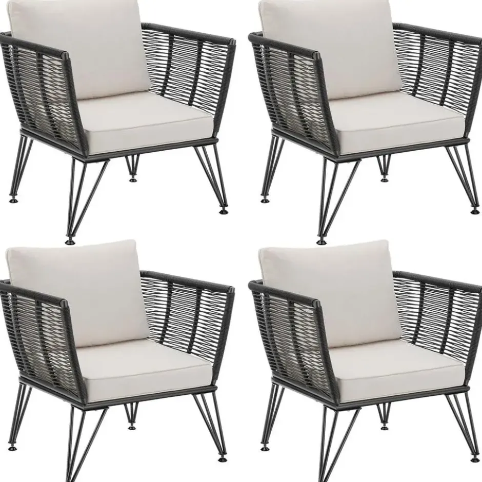 tectake Loungestoelen set van 4 - Sundo in touwdesign - Antraciet