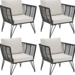 tectake Loungestoelen set van 4 - Sundo in touwdesign - Antraciet
