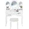tectake Makeup-tafel met 7 lades, spiegel en hocker in antieke look, Wit