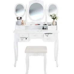 tectake Makeup-tafel met 7 lades, spiegel en hocker in antieke look, Wit