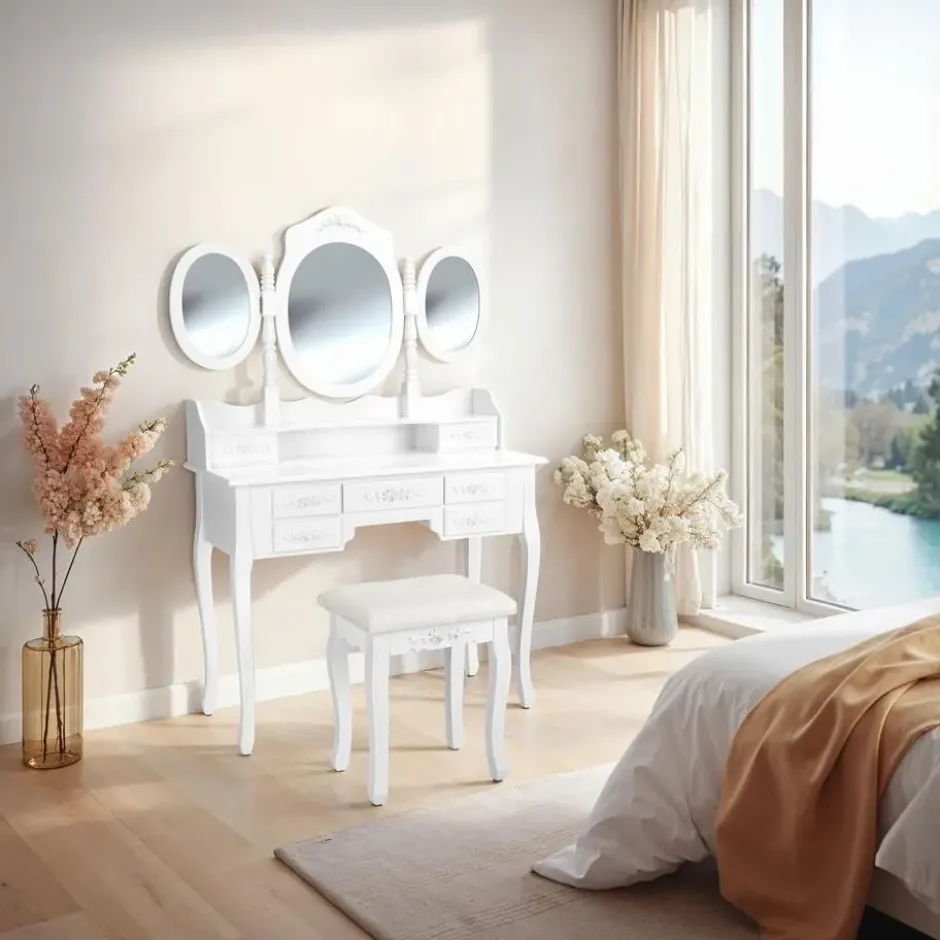 tectake Makeup-tafel met 7 lades, spiegel en hocker in antieke look, Wit