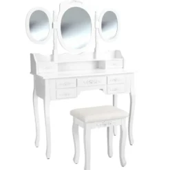 tectake Makeup-tafel met 7 lades, spiegel en hocker in antieke look, Wit