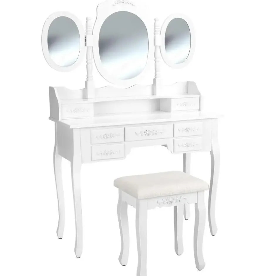 tectake Makeup-tafel met 7 lades, spiegel en hocker in antieke look, Wit