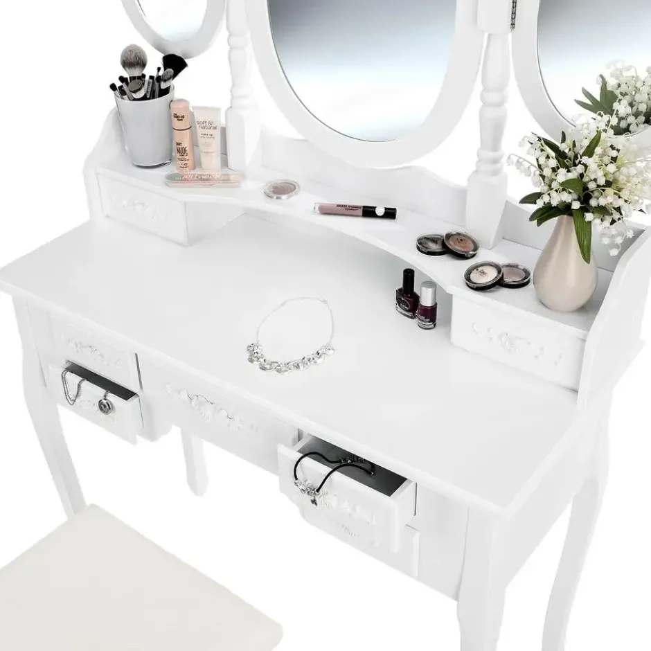 tectake Makeup-tafel met 7 lades, spiegel en hocker in antieke look, Wit