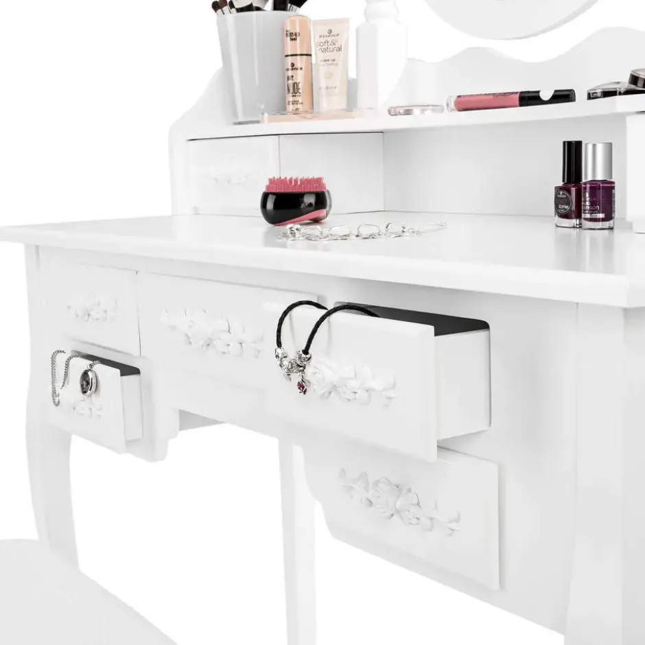 tectake Makeup-tafel met 7 lades, spiegel en hocker in antieke look, Wit