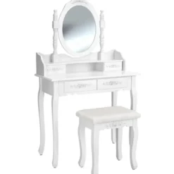 tectake Makeup-tafel met spiegel en hocker in antieke look, Wit