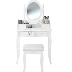 tectake Makeup-tafel met spiegel en hocker in antieke look, Wit