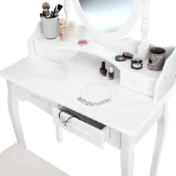 tectake Makeup-tafel met spiegel en hocker in antieke look, Wit