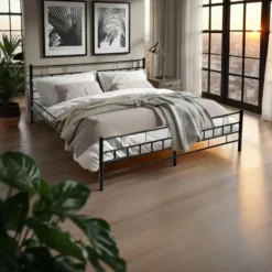 tectake Metalen bed met lattenbodem in modern ontwerp, 200 x 180 cm, Zwart