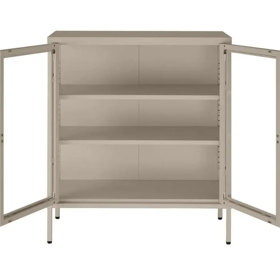 tectake Metalen Vitrinekast, Glazen Deuren, Taupe, 2 Planken, Op Poten