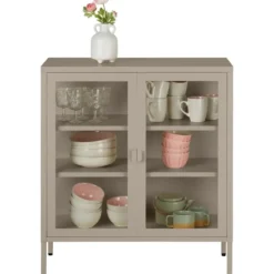 tectake Metalen Vitrinekast, Glazen Deuren, Taupe, 2 Planken, Op Poten