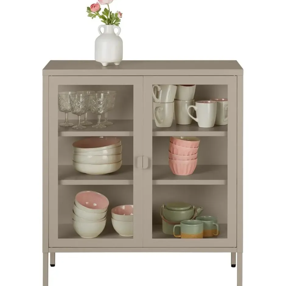 tectake Metalen Vitrinekast, Glazen Deuren, Taupe, 2 Planken, Op Poten
