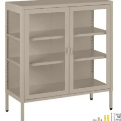 tectake Metalen Vitrinekast, Glazen Deuren, Taupe, 2 Planken, Op Poten