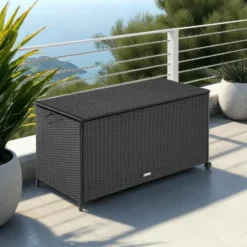 tectake Opbergbox Kuusamo, rotan, met aluminium frame en wieltjes, Zwart/Zwart
