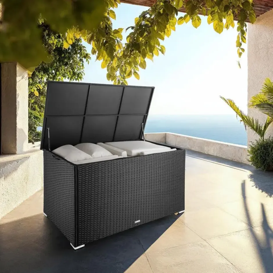 tectake Opbergbox - Zwart - 145x83x80cm - Verstevigd Deksel - Gasdrukveer