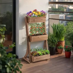 tectake Plantenbak Flora, gelakt hout, met plantenfolie, Bruin
