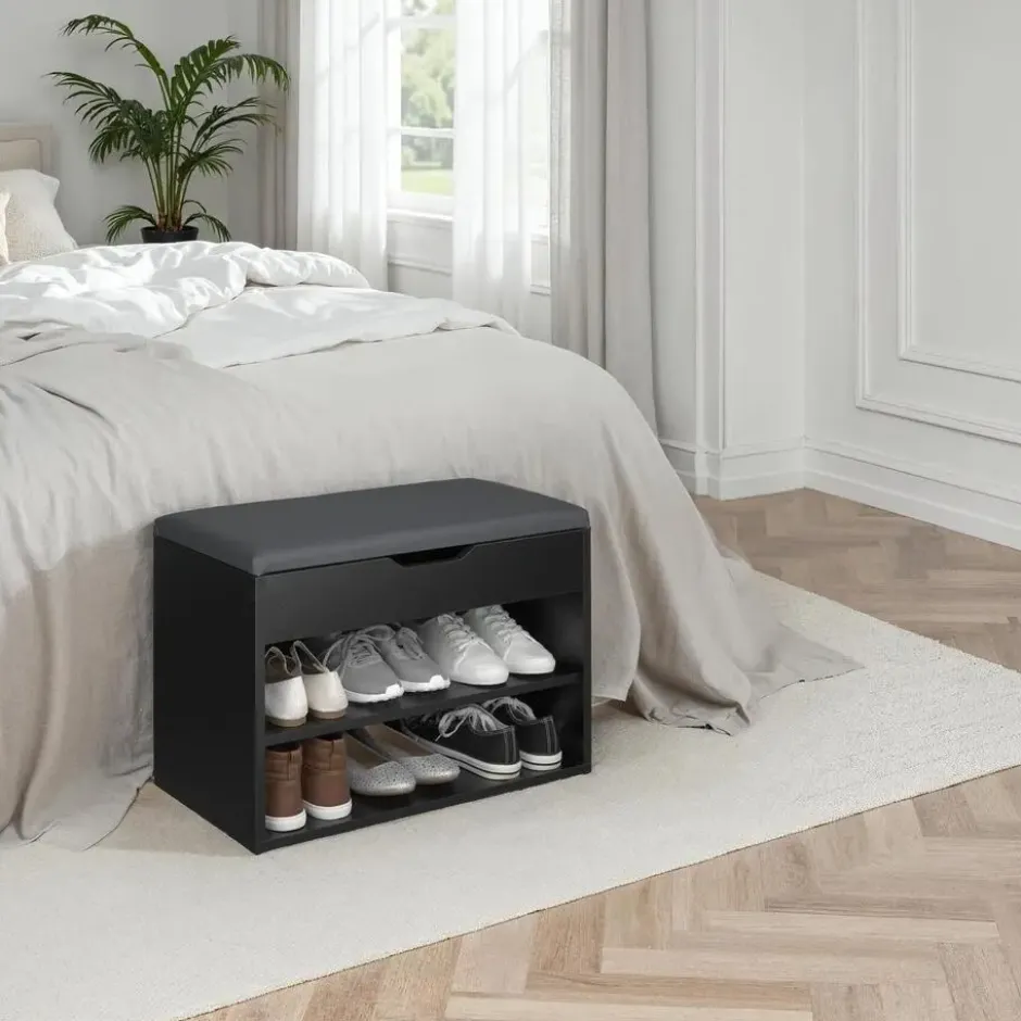 tectake Schoenenkast Jasmina met zitkussen 60x30x43,5cm, Zwart