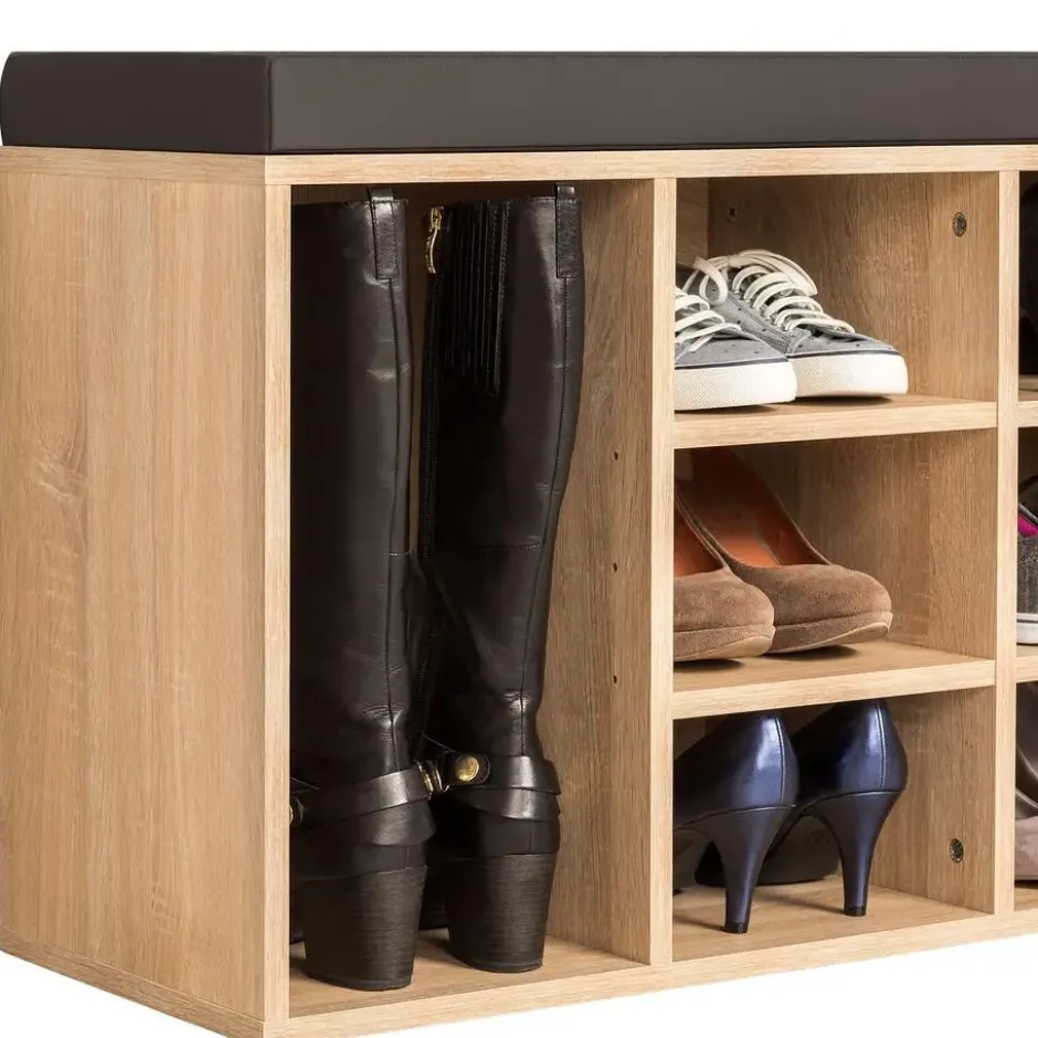 tectake Schoenenkast met zitkussen 103,5x48x30cm, Donkergrijs/Eiken Licht