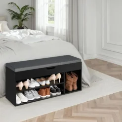 tectake Schoenenkast Natalya met zitkussen 104x30x49cm, Zwart