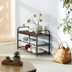 tectake Schoenenrek Southampton 91x36x55cm, Industrieel Hout Donker, Rustiek
