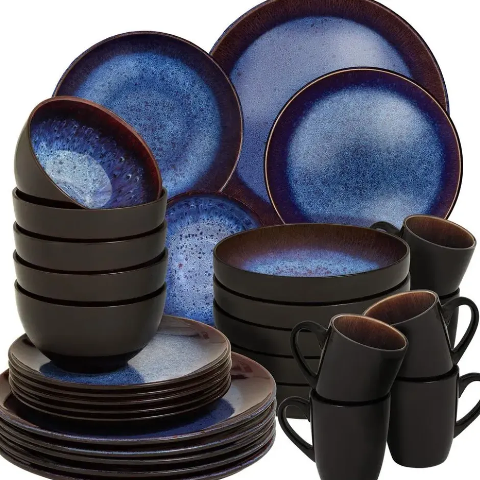 tectake Serviesset Mare van aardewerk, voor 6 personen, Blauw/Bruin