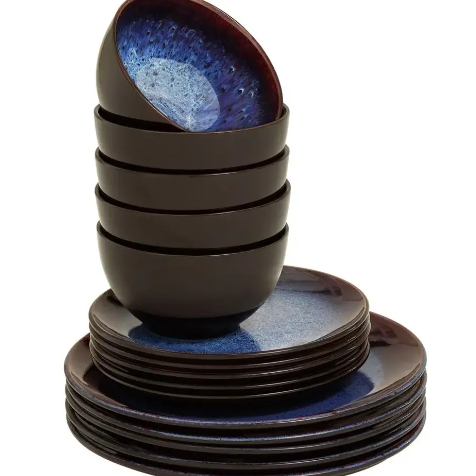 tectake Serviesset Mare van aardewerk, voor 6 personen, Blauw/Bruin