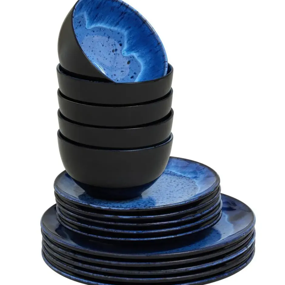 tectake Serviesset Mare van aardewerk, voor 6 personen, Blauw